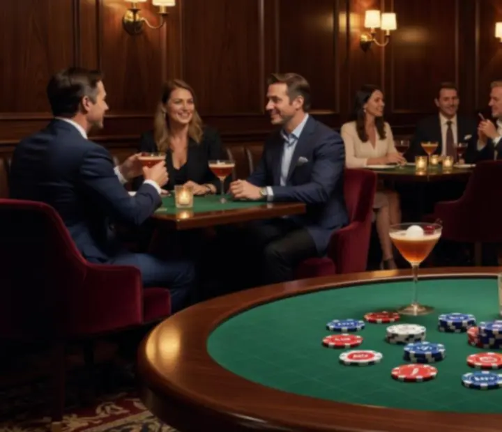 Balatorix lounge: koktélok egy elegáns, poker asztalt idéző diófa asztalon, meleg esti fényekkel
