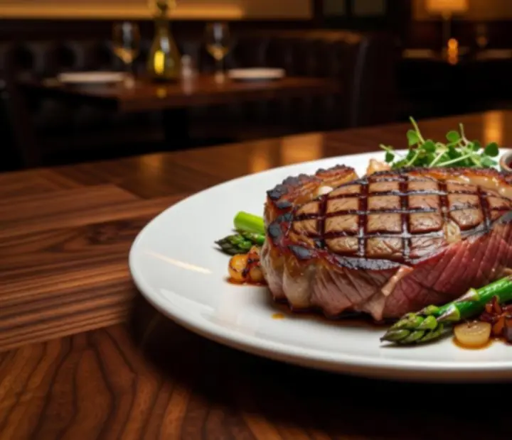 Signature ribeye steak elegánsan tálalva diófa asztalon borospoharakkal